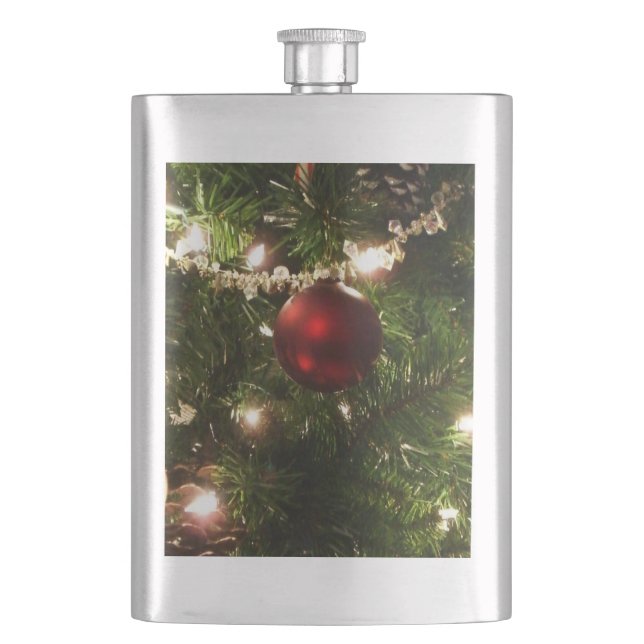 Christmas Tree I Holiday Pretty Green and Red Hip Flask (Front)