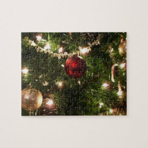 Christmas Tree I Holiday Pretty Green and Red Jigsaw Puzzle