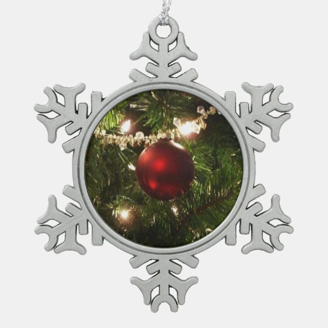 Christmas Tree I Holiday Pretty Green and Red Snowflake Pewter Christmas Ornament (Front)
