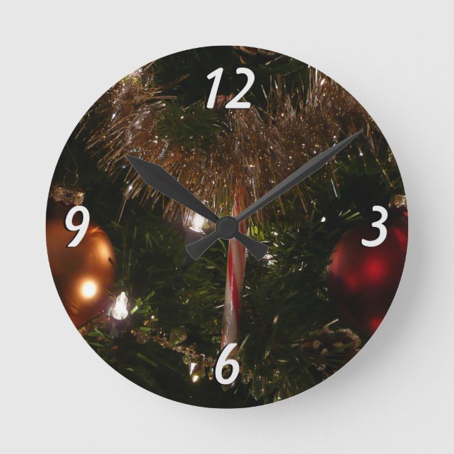 Christmas Tree II Holiday Red and Gold Round Clock (Front)