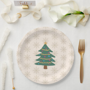 Christmas Tree Illustration Snowflake Pattern Paper Plate
