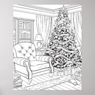 Christmas Tree in Living Room Colouring Poster