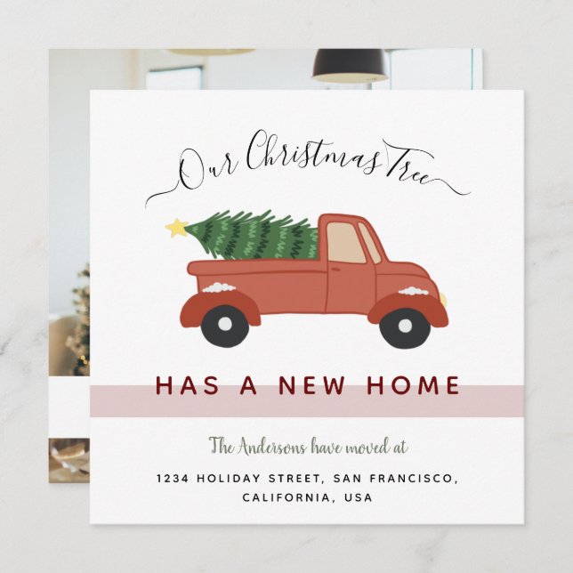 Christmas Tree in Red Car Family Photo Moving Announcement (Front/Back)