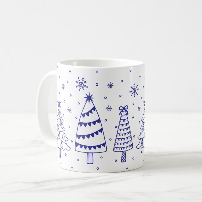 Christmas Tree in Snow Blue and White Inky Doodles Coffee Mug (Front Left)