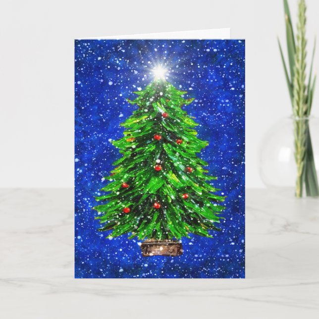 Christmas Tree in Snow - Blue background Thank You Card (Front)
