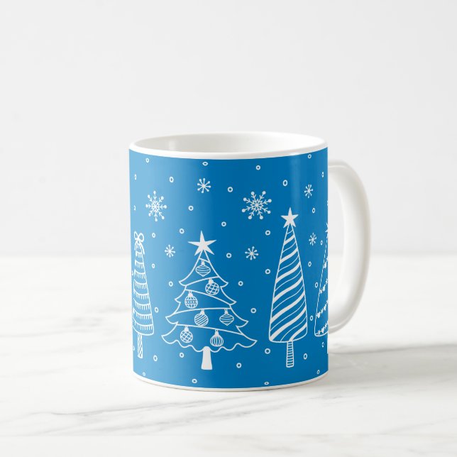 Christmas Tree in Snow Chalk Board Doodle Blue Sky Coffee Mug (Front Right)