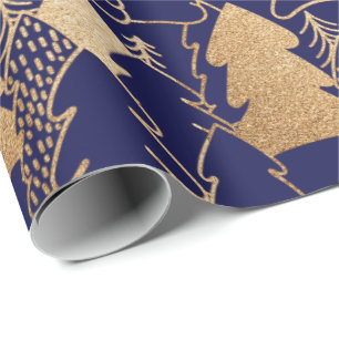 Christmas Tree Indigo Blue Gold Fancy Glitter Wood Wrapping Paper
