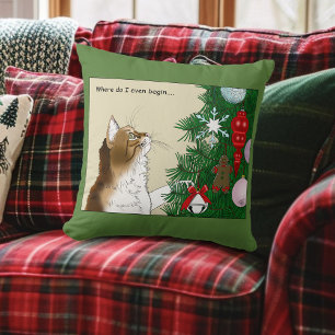 Christmas Tree Inspection Funny Calico Cat Holiday Cushion