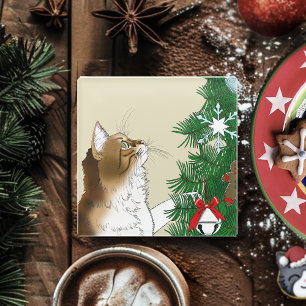 Christmas Tree Inspection Funny Calico Cat Holiday Glass Coaster