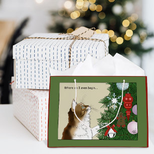 Christmas Tree Inspection Funny Calico Cat Holiday Large Gift Bag