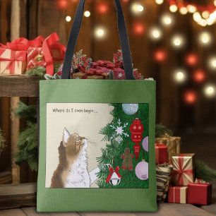 Christmas Tree Inspection Funny Calico Cat Holiday Tote Bag