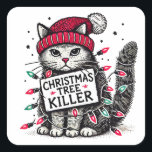 christmas tree killer cat square sticker<br><div class="desc">Meowy Funny Christmas Cat</div>