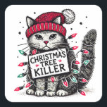 christmas tree killer cat square sticker<br><div class="desc">Meowy Funny Christmas Cat</div>