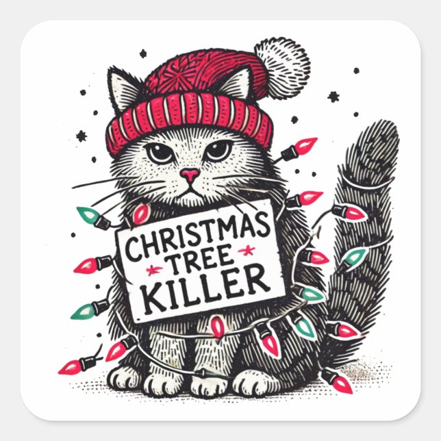 christmas tree killer cat square sticker (Front)