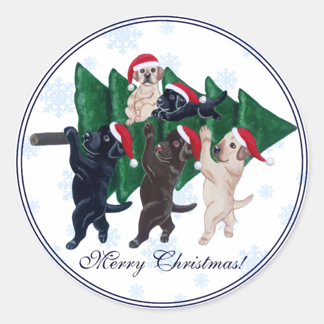 Christmas Tree Labradors in the snow Snowflake Classic Round Sticker (Front)
