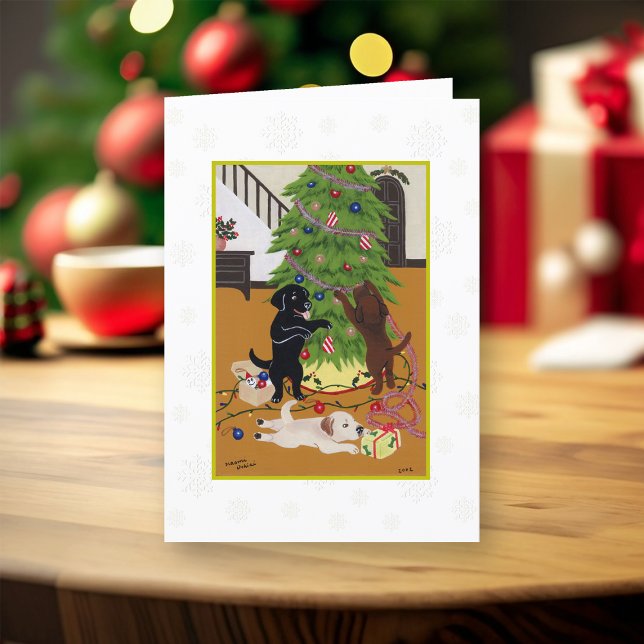 Christmas Tree Labradors Snowflakes Holiday Card (Christmas Tree Labradors Design Christmas Cards for Labrador Owners.  Whimsical Labrador Painting.)