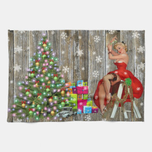 Christmas Tree Lady in Red Dress Rustic Barn Board Tea Towel