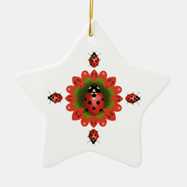Christmas Tree  Ladybug Red and White Star Ceramic Tree Decoration (Front)