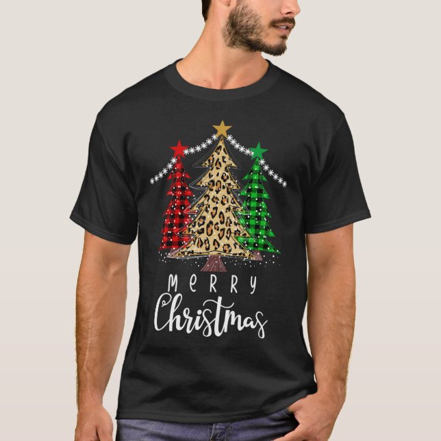 Christmas Tree Leopard Buffalo Plaid Xmas Tree Lig T-Shirt (Front)