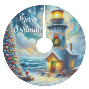 Christmas Tree Lighthouse Nautical Coastal Blue Brushed Polyester Tree Skirt