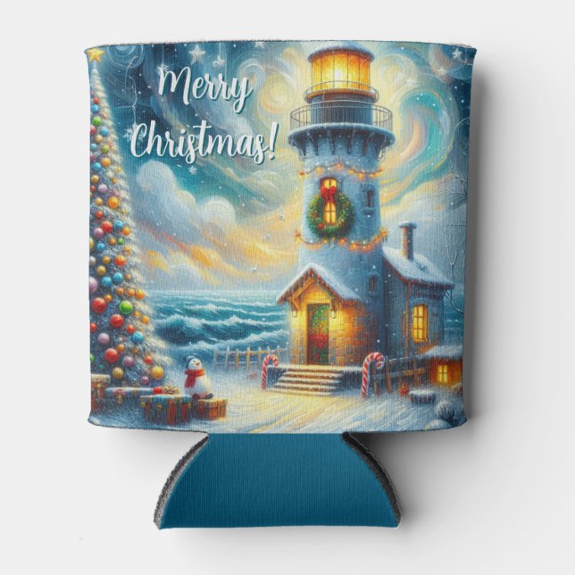 Christmas Tree Lighthouse Nautical Coastal Blue Can Cooler (Front)