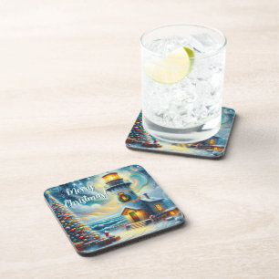 Christmas Tree Lighthouse Nautical Coastal Blue Coaster