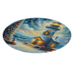 Christmas Tree Lighthouse Nautical Coastal Blue Cutting Board