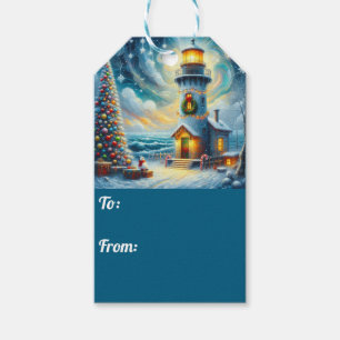 Christmas Tree Lighthouse Nautical Coastal Blue Gift Tags