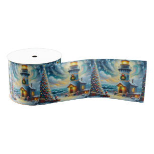 Christmas Tree Lighthouse Nautical Coastal Blue Grosgrain Ribbon