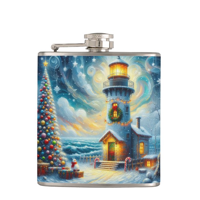 Christmas Tree Lighthouse Nautical Coastal Blue Hip Flask (Front)