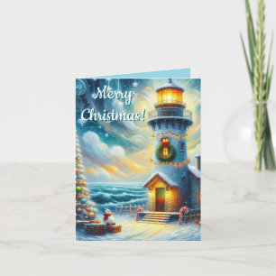 Christmas Tree Lighthouse Nautical Coastal Blue Holiday Card