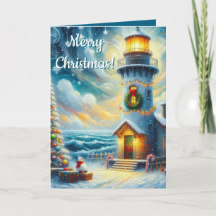 Christmas Tree Lighthouse Nautical Coastal Blue Holiday Card