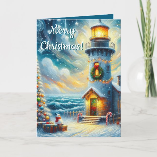 Christmas Tree Lighthouse Nautical Coastal Blue Holiday Card (Front)