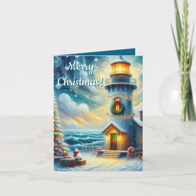 Christmas Tree Lighthouse Nautical Coastal Blue Holiday Card (Front)