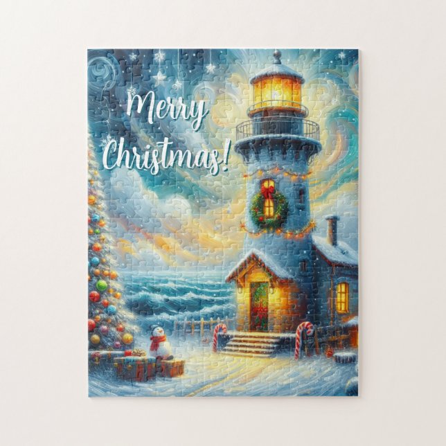 Christmas Tree Lighthouse Nautical Coastal Blue Jigsaw Puzzle (Vertical)