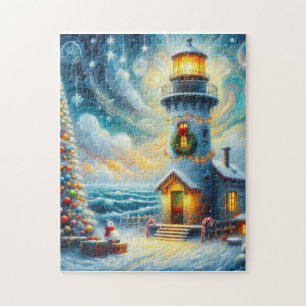 Christmas Tree Lighthouse Nautical Coastal Blue Jigsaw Puzzle