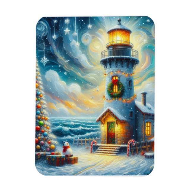Christmas Tree Lighthouse Nautical Coastal Blue Magnet (Vertical)