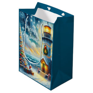 Christmas Tree Lighthouse Nautical Coastal Blue Medium Gift Bag