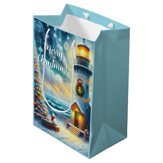 Christmas Tree Lighthouse Nautical Coastal Blue Medium Gift Bag (Front Angled)