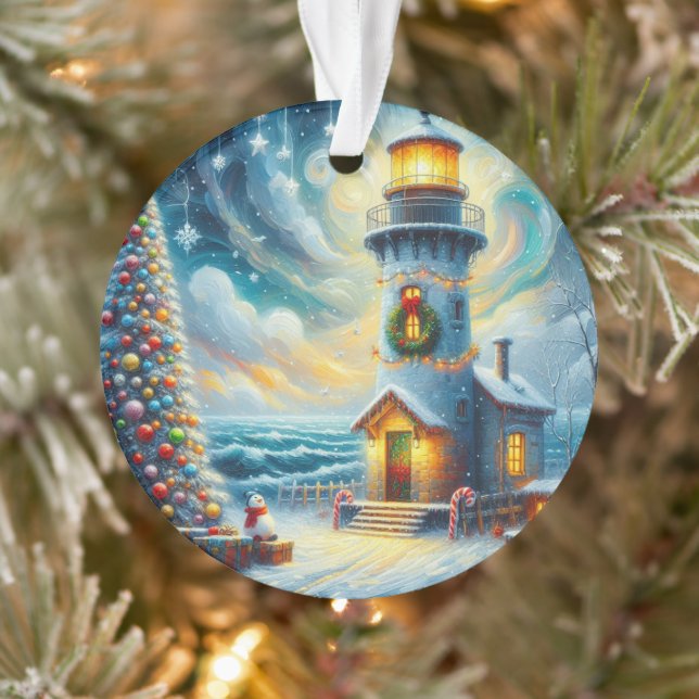 Christmas Tree Lighthouse Nautical Coastal Blue Ornament (Tree)