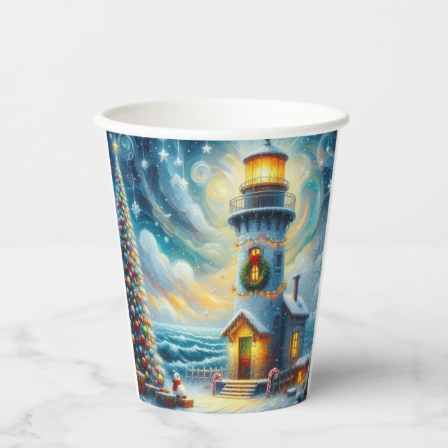 Christmas Tree Lighthouse Nautical Coastal Blue Paper Cups (Front)