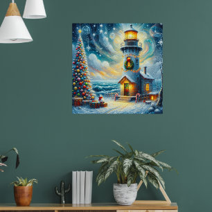 Christmas Tree Lighthouse Nautical Coastal Blue Poster
