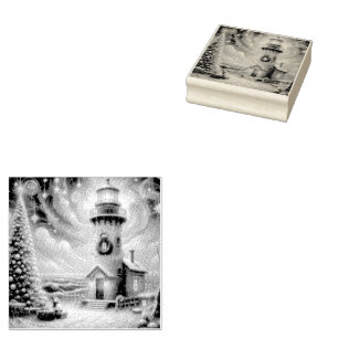 Christmas Tree Lighthouse Nautical Coastal Blue Rubber Stamp