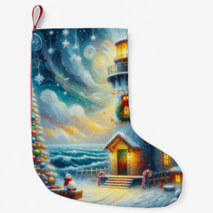 Christmas Tree Lighthouse Nautical Coastal Blue Small Christmas Stocking
