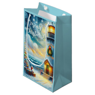 Christmas Tree Lighthouse Nautical Coastal Blue Small Gift Bag