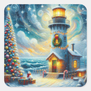 Christmas Tree Lighthouse Nautical Coastal Blue Square Sticker