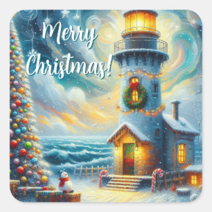 Christmas Tree Lighthouse Nautical Coastal Blue Square Sticker