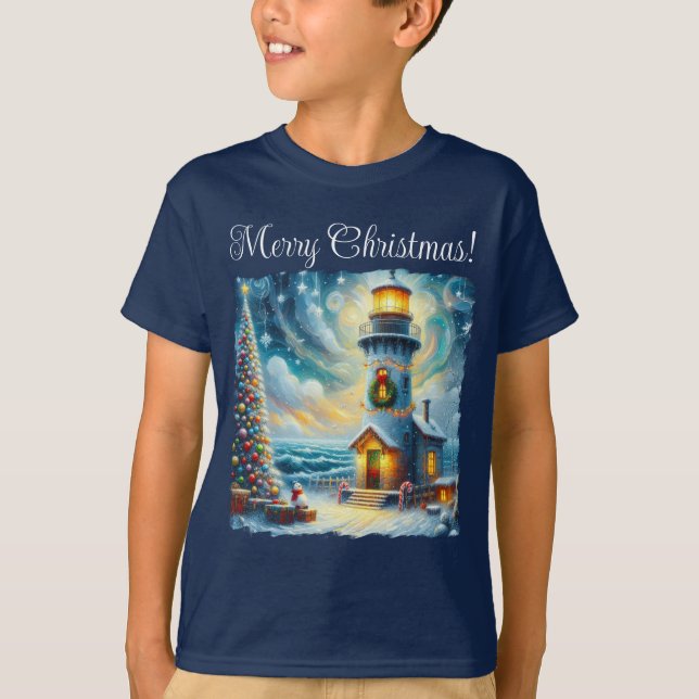 Christmas Tree Lighthouse Nautical Coastal Blue T-Shirt (Front)