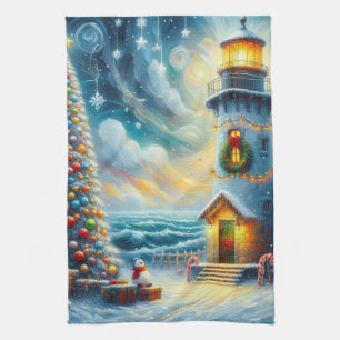 Christmas Tree Lighthouse Nautical Coastal Blue Tea Towel