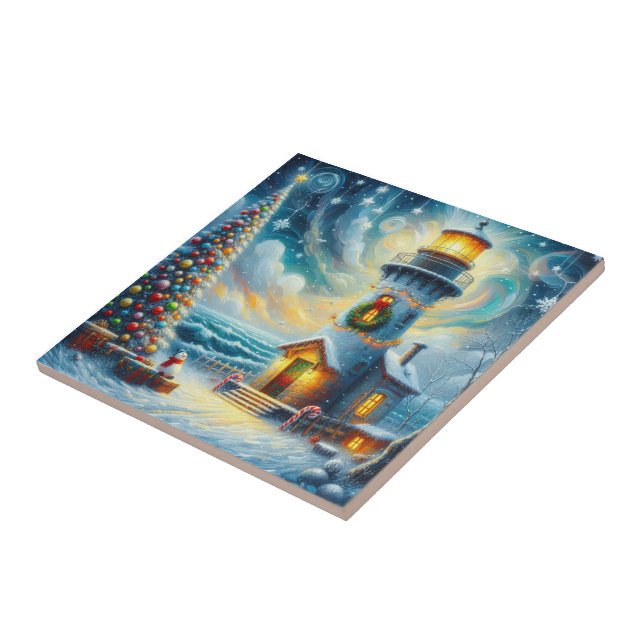 Christmas Tree Lighthouse Nautical Coastal Blue Tile (Side)